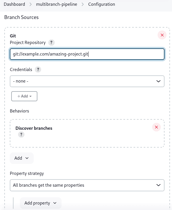 Configure page of 'multibranch-example' pipeline. Branch Source configuration section for 'Git' branch source option is opened with options to add project repository link, Credentials, Behaviors and Property Strategy.